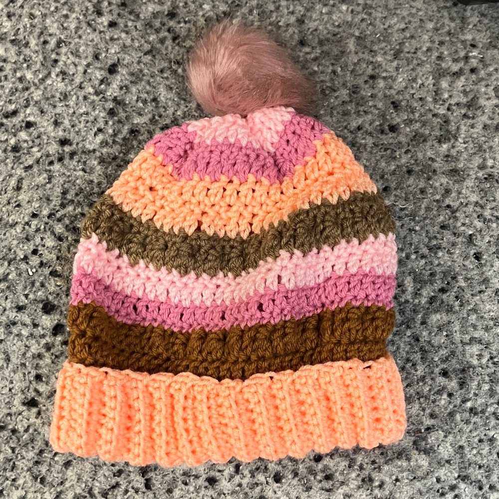 Colorful handmade crocheted Beanie hat with pompom